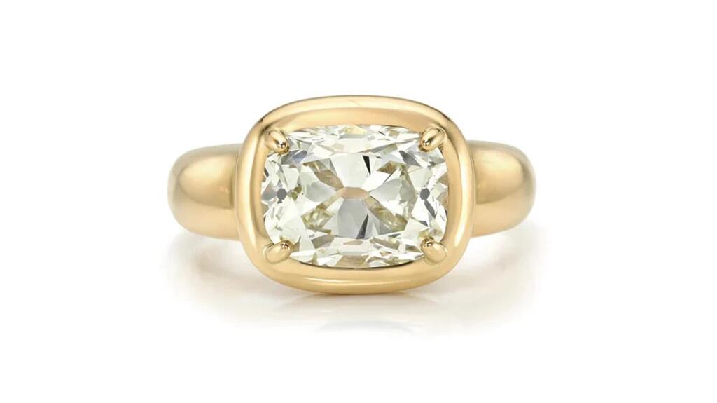 The “Cori” ring from Single Stone featuring a 3.18-carat antique cushion brilliant-cut diamond of O-P color, VS2 clarity Single Stone Cori engagement antique diamond ring