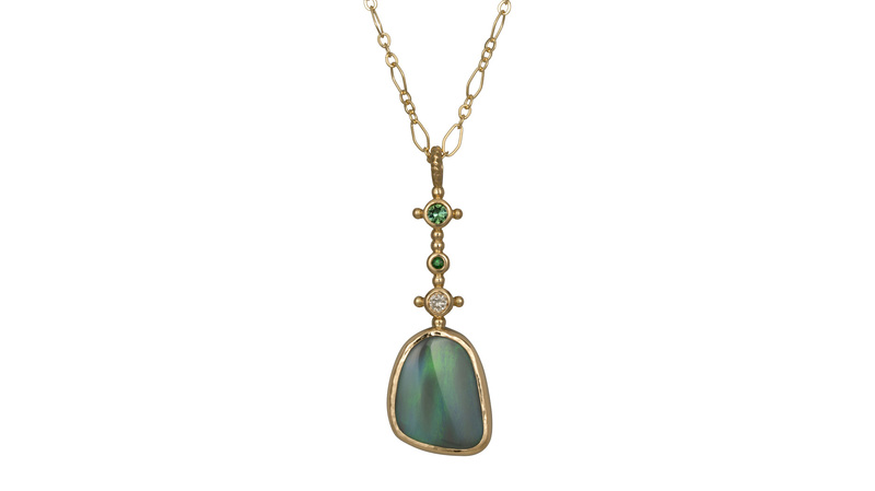 This “Sceptre” pendant features a 4.96-carat free-form opal as well as tourmaline, tsavorite garnet, and diamond accents in 18-karat gold ($4,600).