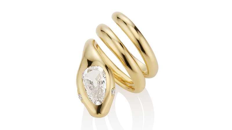 “Serpent Ring” in 18-karat yellow gold with 1.4 carat antique pear-shaped diamond ($16,890)