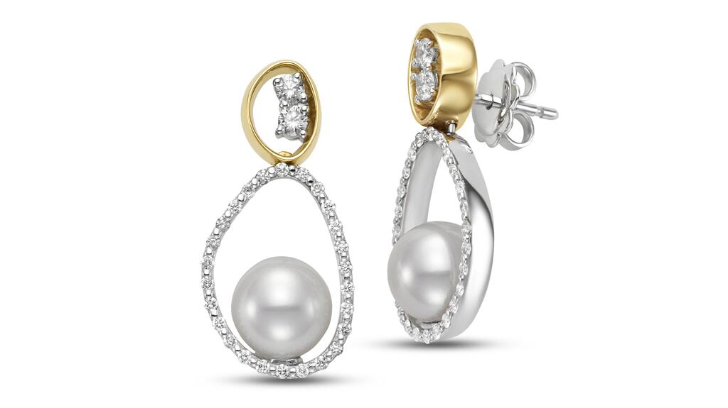 Mastoloni 8-8.5 mm freshwater pearl earrings in 18-karat white and yellow gold with 0.54 carats of diamonds