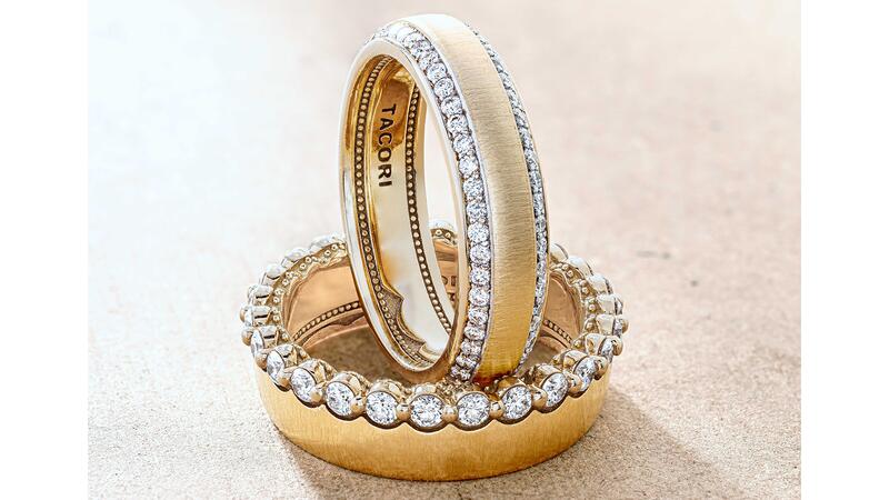 Tacori Couples single-row diamond and bevel-edge diamond bands