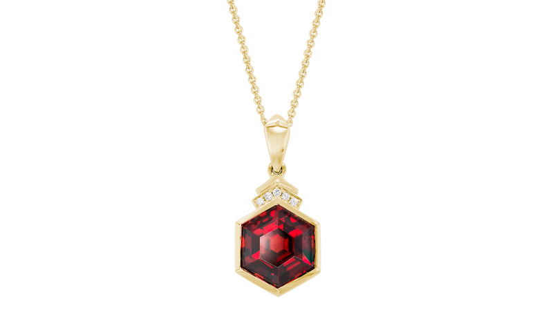 <a href="https://www.artistrylimited.com/" target="_blank">Artistry Ltd.</a> 14-karat yellow gold necklace with garnet and diamond drop ($332)