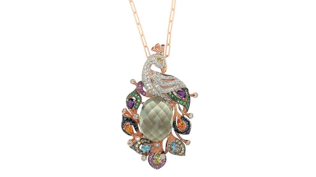 Lali Jewels “Peacock Pendant” in 14-karat rose gold with prasiolite center stone, multicolor sapphires, amethyst, and black and white diamonds on an 18-inch paperclip chain