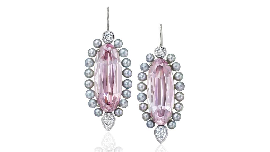 Assael platinum earrings featuring 22.09 carats of pink-gray tourmaline, 3-3.5 mm multicolor pastel baby Akoya pearls, and 1.09 carats of diamonds