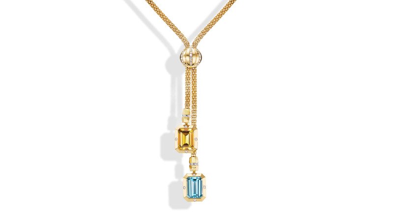 <a href="https://gemellajewels.com/" target="_blank">Gemella Jewels</a> “Stella Necklace” with citrine and blue topaz drops in 18-karat gold (Price Upon Request)