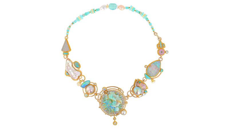 The “Celestial Symphonies” necklace by Marianne Hunter was created in 14-,18-, and 24-karat yellow and rose gold with gold and silver foils as well as enamel over copper. It’s set with a variety of stones, including Australian, Ethiopian, and Peruvian opal, Paraíba tourmaline, quartz, diamonds, and mabé and keshi pearls.
