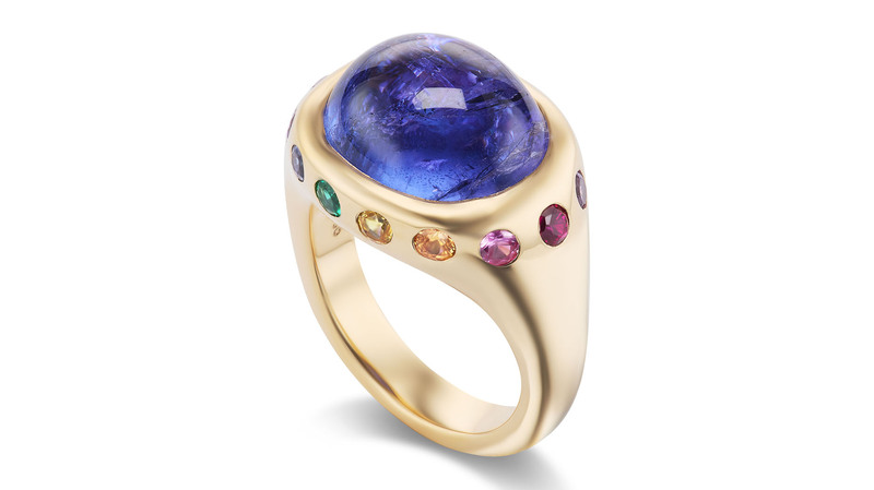 <a href="https://brentneale.com/" target="_blank"> Brent Neale</a> one-of-a-kind Tanzanite Cabochon Crown ring with sapphires and emeralds ($16,350)