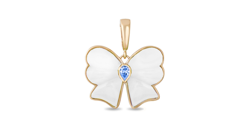 “Berkeley” small bow pendant in 14-karat yellow gold with white onyx and blue sapphire ($2,950)