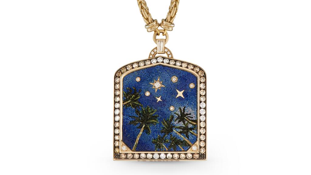 Venyx “Karya” glass and enamel micromosaic necklace in 18-karat yellow gold with 2 carats of diamonds, created in collaboration with Le Sibille