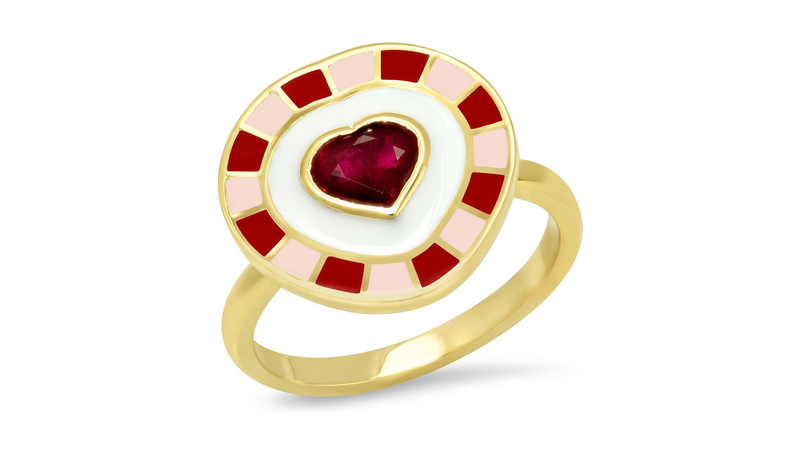 <a href="https://www.sigwardjewelry.com" target="_blank">Sig Ward</a> 18-karat yellow gold and ruby enamel heart ring (Price upon request)