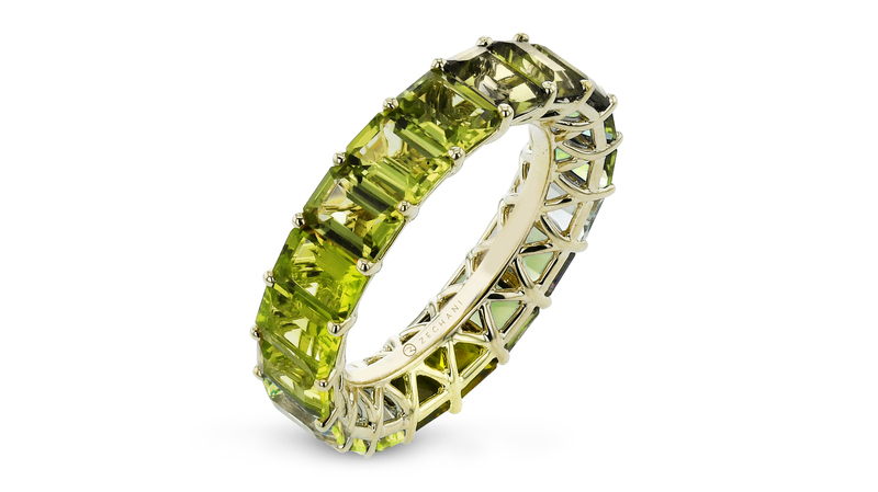 <a href="https://www.zeghani.com/" target="_blank"> Zeghani Jewelry</a> emerald-cut peridot eternity band set in 14-karat yellow gold ($1,650)