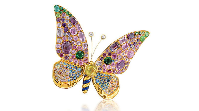 Six of Suzanne Belperron’s butterfly brooches are on display in the exhibition, all made in the ‘30s and ‘40s. This one features multicolored sapphires, tourmalines, beryls, amethysts, gold and enamel. (Credit: Photo by David Behl, © Belperron)
