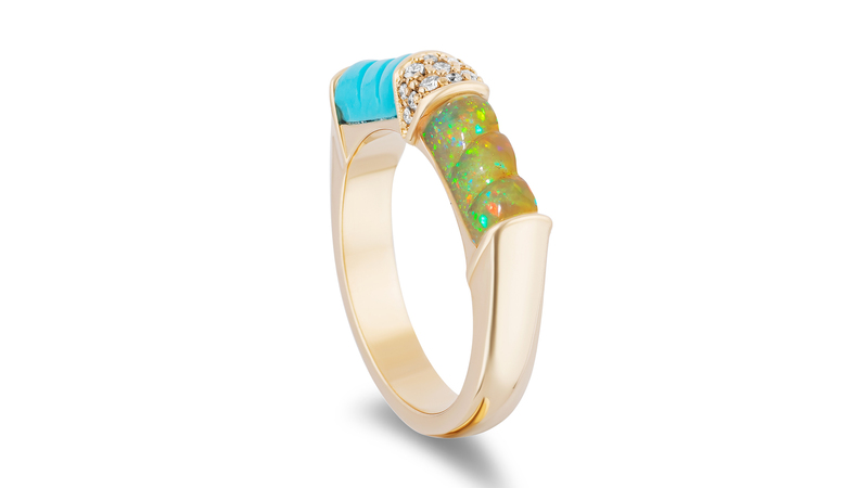 “DNA Double Ring” in 14-karat yellow gold with turquoise, Ethiopian opal, and diamonds ($1,960)