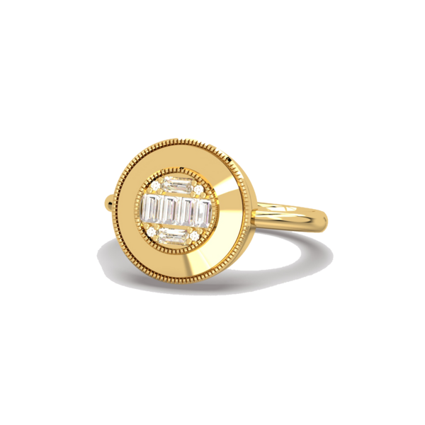 <a href="https://clartenewyork.com/collections/gatsby " target="_blank">Gatsby Round Ring</a>: Our 14-Karat yellow gold Gatsby Round Ring with a hand milgrain border and Round illusion diamond center ($940)