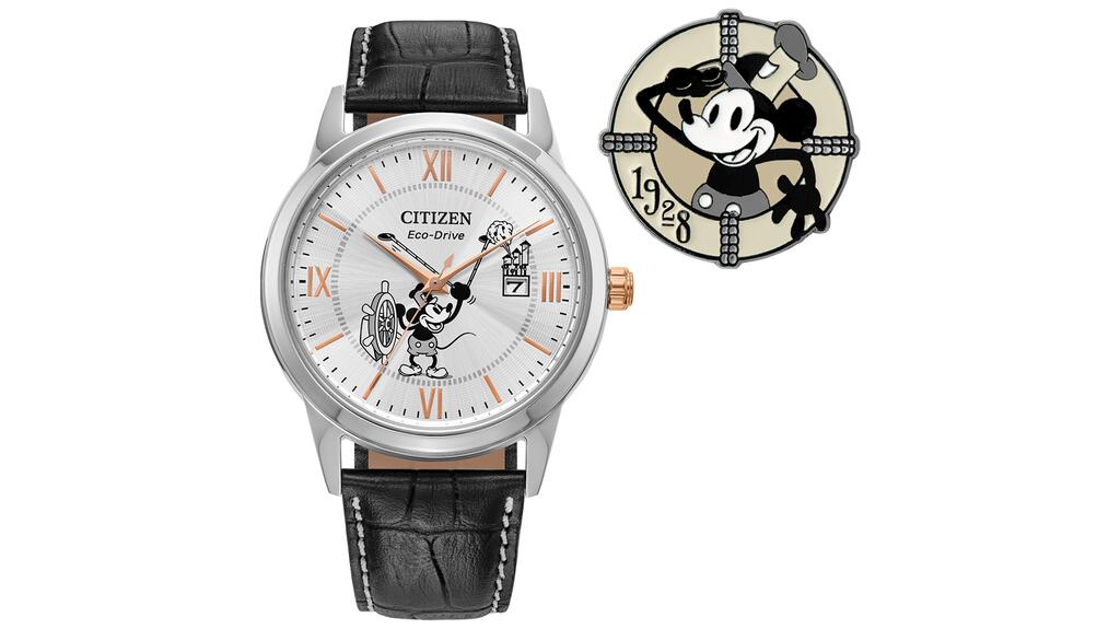 The special edition Disney100 Steamboat Willie watch ($250) alongside a collectible pin