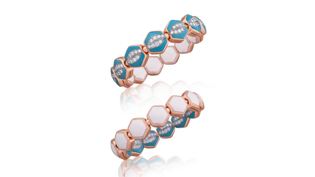 Picchiotti “Xpandable” reversible bracelet in 18-karat rose gold with turquoise and diamonds on one side and white ceramic and diamonds on the other