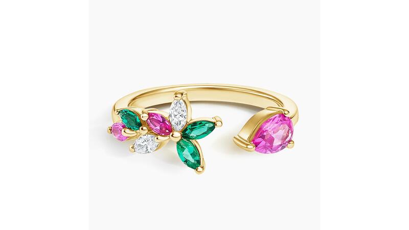 Brilliant Earth and Logan Hollowell open ring with lab-grown diamonds, pink sapphires and emeralds
