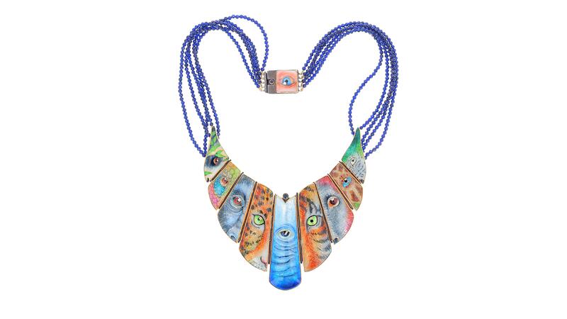 The “Endangered” necklace by Darci Shea Bogdan was crafted using 18-,22-, and 24-karat gold, fine and sterling silver, 3mm sapphire gemstone beads, and painted enamel.