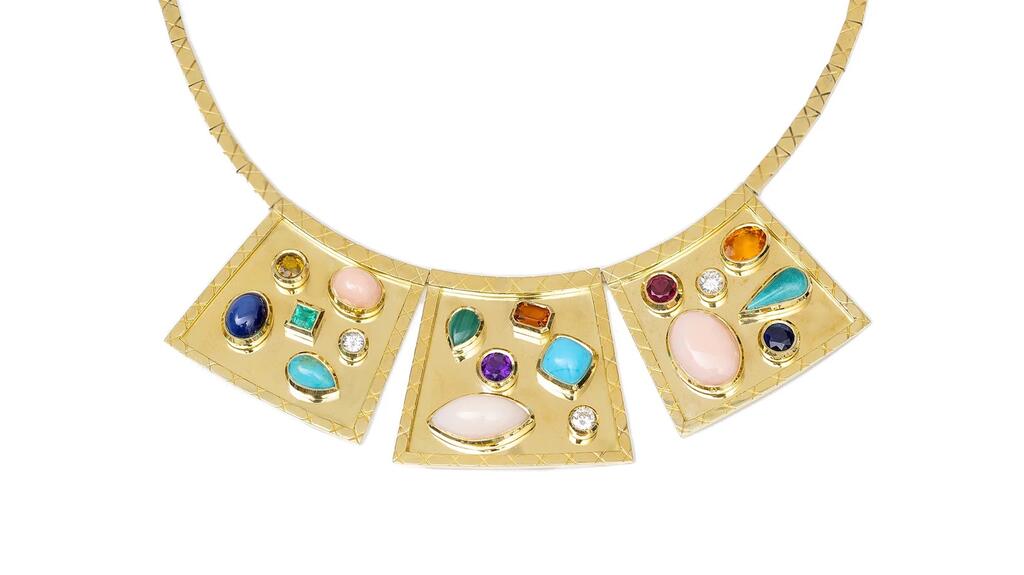 Jenna Blake 18-karat gold “Bianca Necklace” with coral, turquoise, diamonds, lapis, emeralds, citrine, amethyst, ruby, malachite, and blue sapphire