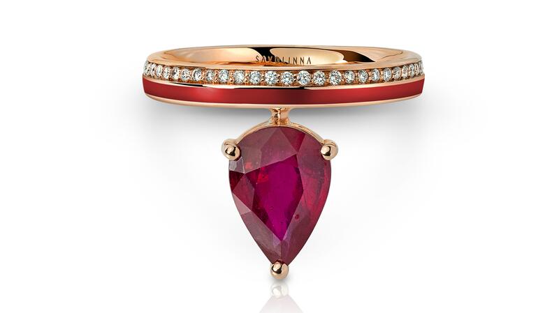 Savolinna “Linette Piorra” diamond eternity band with a pear-shaped ruby and maroon enamel in 18-karat rose gold ($2,040)
