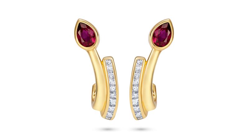 Nadine Aysoy 18-karat yellow gold, diamond, and pear-cut ruby “Le Cercle” ear climbers ($8,005)