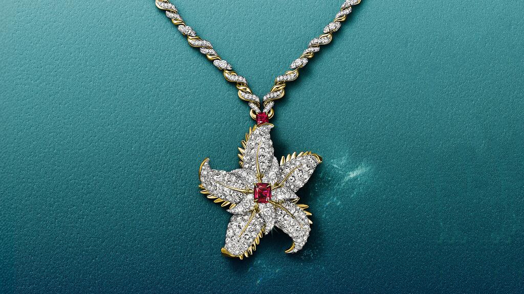 The “Starfish” pendant features more than 3 carats of unenhanced rubies accented by diamonds in platinum and 18-karat yellow gold. This pendant also utilizes a hidden mechanism to become a brooch. (Image courtesy of Tiffany & Co.) Tiffany & Co. Starfish Pendant