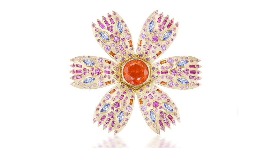 Harwell Godfrey “Seeds Flower Ring” in 18-karat yellow gold with fire opal, tanzanite, amethyst and sapphires