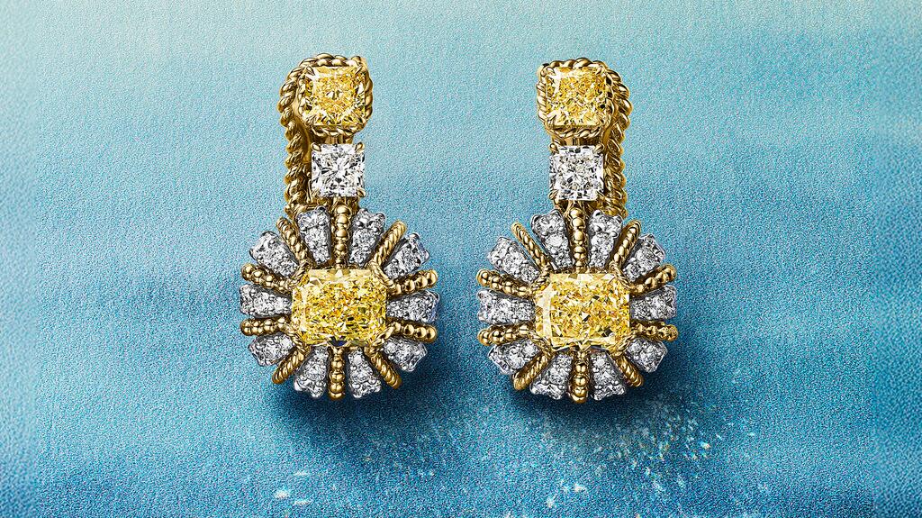 The platinum and 18-karat yellow gold “Urchin” earrings with more than 4 carats of fancy intense yellow diamonds and accented by white diamonds (Image courtesy of Tiffany & Co.) Tiffany & Co. Urchin Earrings