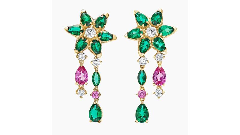 Brilliant Earth and Logan Hollowell drop earrings with lab-grown diamonds, pink sapphires and emeralds