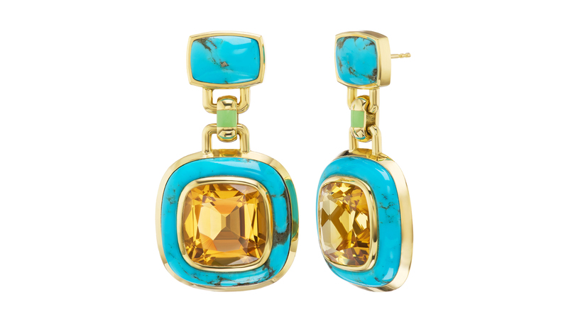 <a href="https://emilypwheeler.com/" target="_blank">Emily P. Wheeler</a> 18-karat yellow gold “Hanae Earrings” with citrine, turquoise, and enamel ($28,600)