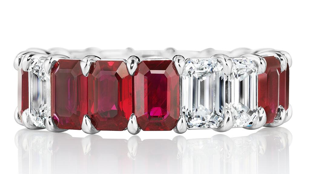 Arazi diamond and ruby eternity band in 18-karat white gold