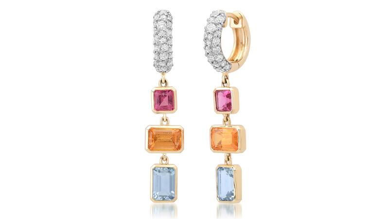 The tricolored “Trip-tic” earrings with pink tourmaline, orange garnet, and aquamarine suspended from pavé diamond huggies ($4,495) Eriness tricolored Trip-tic Earrings