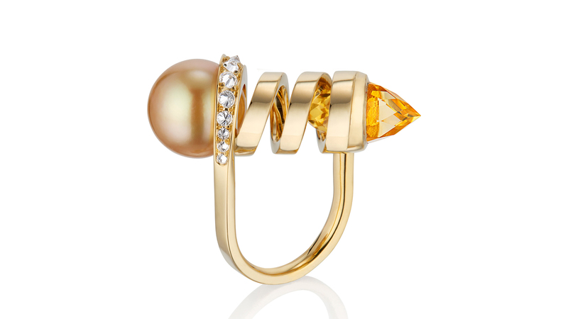<a href="https://www.renisis.com/portfolio/bullet-stone-curl-ring/" target="_blank">Renisis</a> 18-karat yellow gold “Curl Ring” with citrine and pearl ($15,800)
