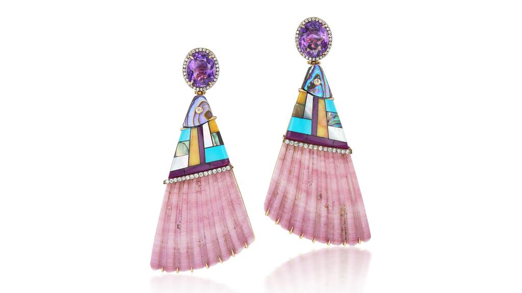 Silvia Furmanovich earrings with diamonds, 7.45 carats of amethyst, shells, and micromosaic set in 18-karat rose gold