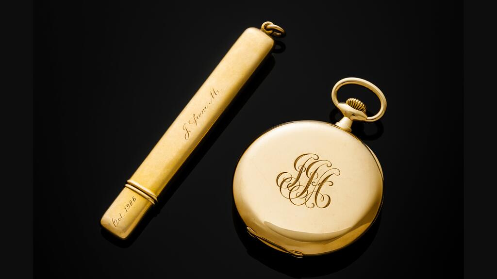 John Jacob Astor IV Patek Philippe for Tiffany & Co. pocket watch and Battin & Co. pencil case