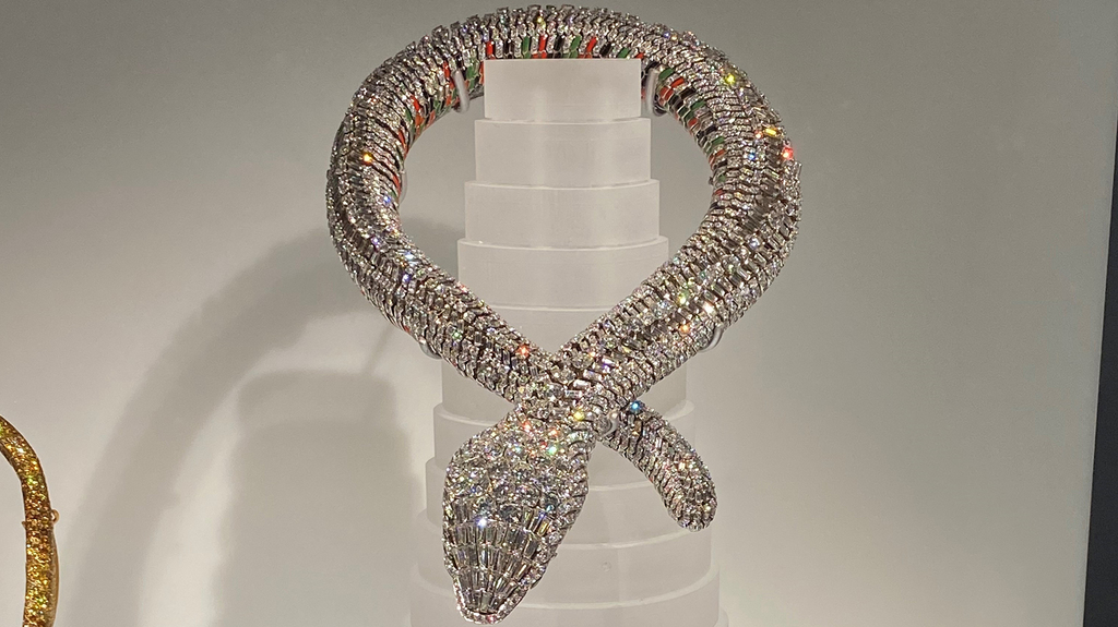 María Félix’s 22-inch long diamond-set snake necklace, as shot by the author. The red, green and black enamel on the snake’s underbelly is an homage to the Mexican flag.