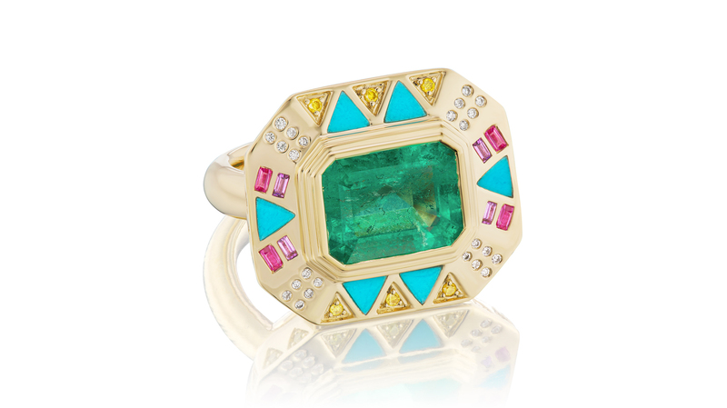 <a href="https://www.harwellgodfrey.com/" target="_blank"> Harwell Godfrey</a> x Muzo ring with a Colombian emerald, turquoise inlay, pink sapphires, amethyst, and white and yellow diamonds in 18-karat yellow gold (15,450)