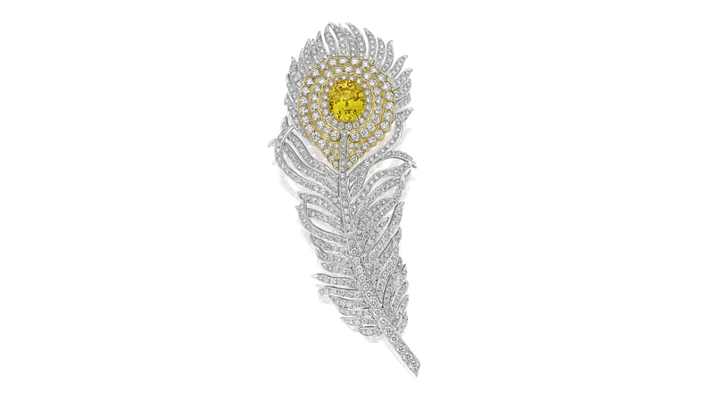 Tiffany & Co. brooch with an 8.5-carat mixed-cut yellow sapphire and approximately 13.10 carats of white diamonds in 18-karat gold and platinum ($40,000-$80,000)