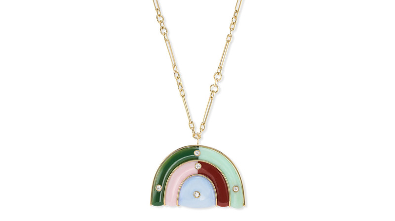 <a href="https://brentneale.com/" target="_blank"> Brent Neale</a> one-of-a-kind large Marianne necklace, featuring carved blue chalcedony, pink opal, carnelian, green agate, Peruvian opal, and diamonds in 18-karat yellow gold (price available upon request)