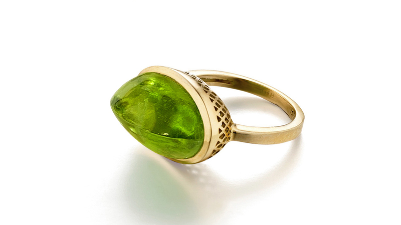 <a href="https://raygriffiths.com/" target="_blank"> Ray Griffiths Fine Jewelry</a> 18-karat yellow gold “Crownwork” east-west bezel-set cabochon peridot ring ($4,125)