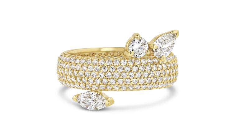 <a href="https://gracelee.com/collections/bridal/products/5mm-full-pave-band-with-oval-marquise-and-pear?variant=43088334651607" target="_blank">Grace Lee </a> 14-karat yellow gold ring with marquise, oval and pear-shaped diamonds and diamond pavé ($7,880)