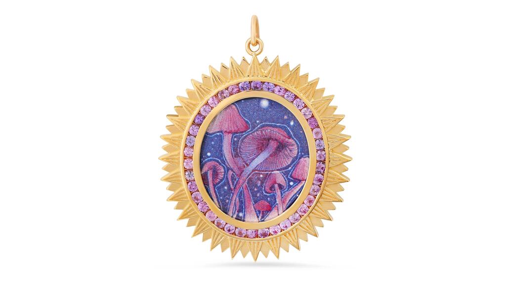 Colette’s “Spiritual Mushroom” medallion in 18-karat yellow gold and enamel with purple sapphires ($9,000)