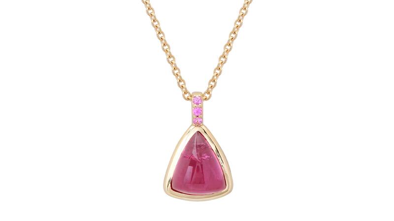 A 3.26-carat pink tourmaline cabochon necklace with pink sapphires on the bail set in 14-karat yellow gold ($3,880) Eriness Pink Tourmaline Cabochon Necklace
