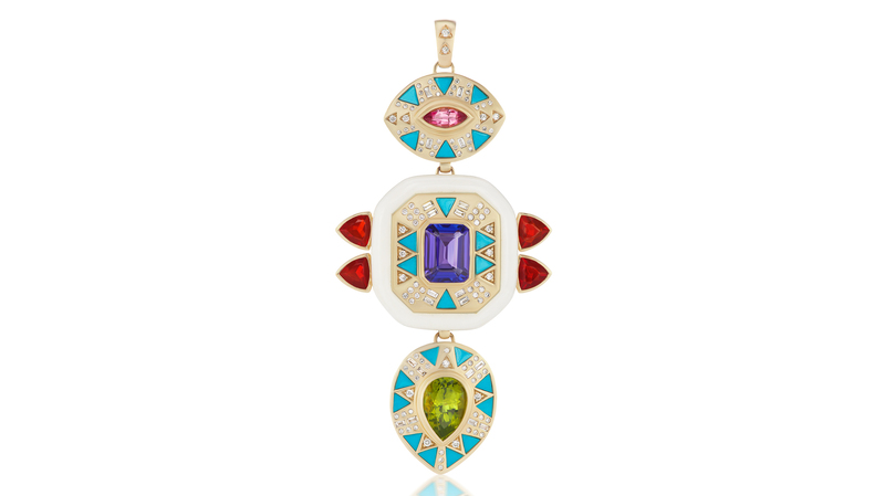 <a href="https://www.harwellgodfrey.com/" target="_blank"> Harwell Godfrey</a> Cleopatra’s Vault pendant featuring pink spinel and turquoise; tanzanite, fire opal, turquoise inlay, and white onyx; and peridot and turquoise inlay, with diamonds in 18-karat yellow gold (17,550)