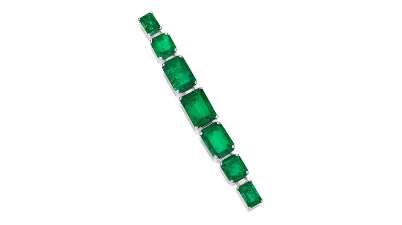 A rare emerald and diamond bracelet, Cartier circa 1926. It features 101 carats of emeralds as well as diamonds mounted in platinum. ($750,00-$1.25 million)