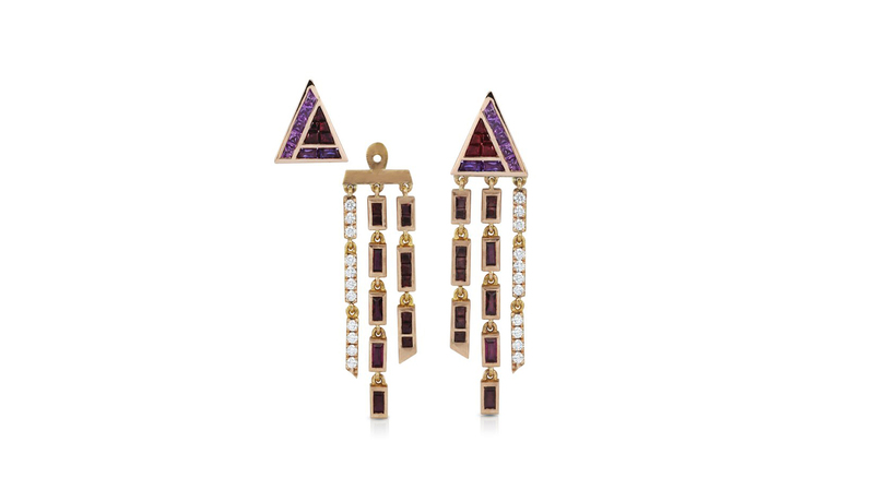 <a href="https://www.kavantandsharart.com/collections/geoart-earrings/products/geoart-back-to-basics-puzzle-fringe-earrings" target="_blank">Kavant & Sharart</a> trillion puzzle fringe earrings with ruby, sapphires, and diamonds set in 18-karat rose gold