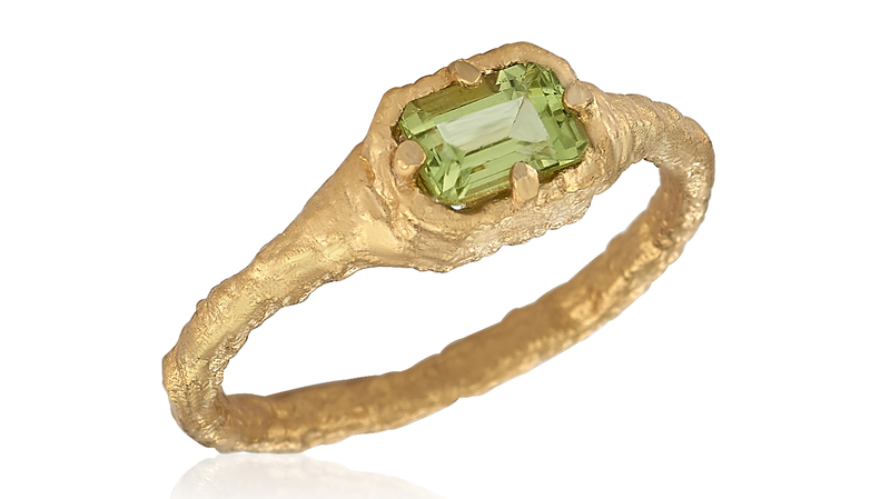 <a href="https://anatolijewelry.com/" target="_blank"> Anatoli</a> “Fiori Collection” hammered 18-karat gold vermeil east-west peridot ring ($155)