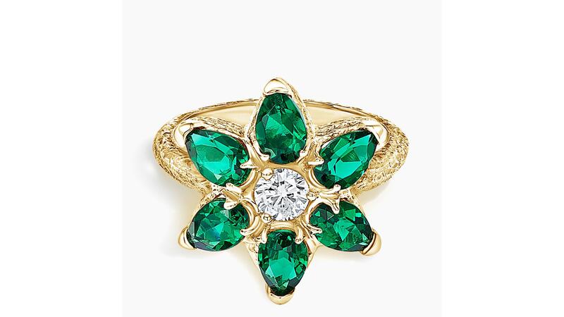 Brilliant Earth and Logan Hollowell Flora lab-grown diamond and emerald ring