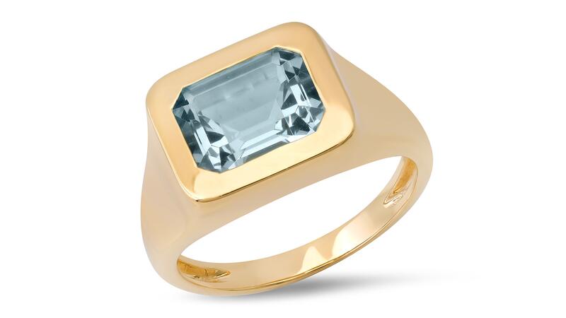 A signet ring featuring a 2-carat emerald-cut aquamarine set in 14-karat yellow gold ($3,650) Eriness Aquamarine Signet Ring