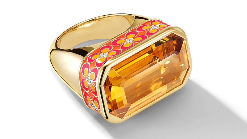 <a href="https://castjewelry.com/products/bon-vivant-18k-gold-ring-painted-enamel-citrine-diamonds-0-13-ctw" target="_blank">Cast Jewelry</a> “The Bon Vivant” 18-karat gold ring with hand-painted enamel, citrine and diamonds ($6,500)